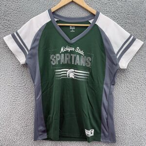Womens Misses L 12-14 Michigan State Spartans V-Neck‎ Short Sleeve Jersey Shirt